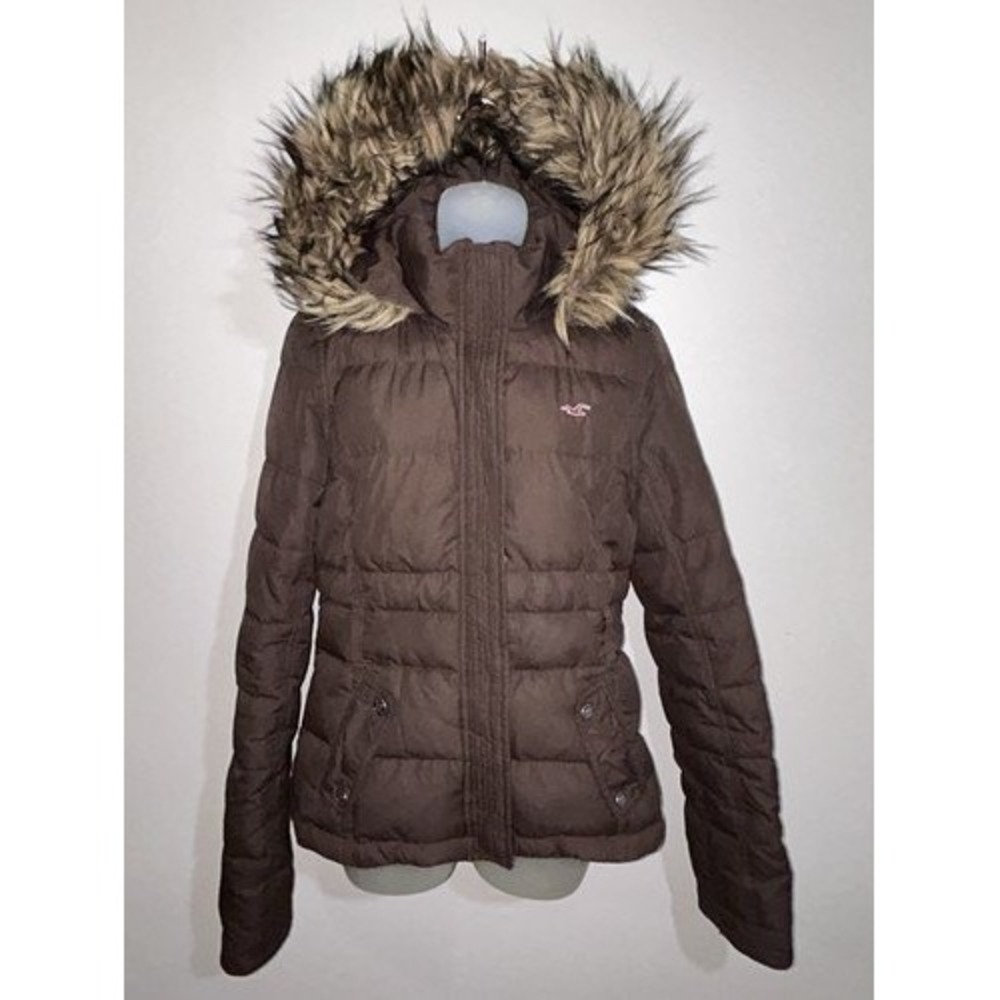 Rare Vintage Y2K Hollister Brown Down Puffer Jacket Faux Fur Hood L Cabincore